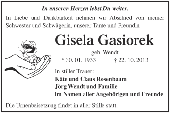 Traueranzeige von Gisela Gasiorek von WVG - Wochenspiegel Merseburg