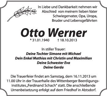 Traueranzeige von Otto Werner von WVG - Wochenspiegel Wittenberg