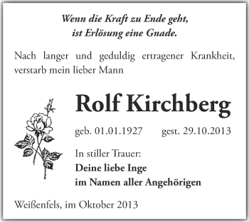Traueranzeige von Rolf Kirchberg von Super Sonntag Merseburg