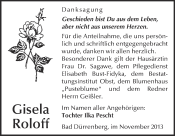 Traueranzeige von Gisela Roloff von Super Sonntag Merseburg