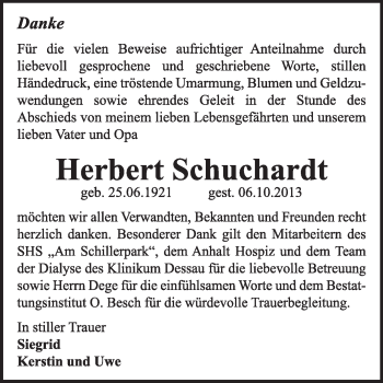 Traueranzeige von Herbert Schuchardt von Super Sonntag Dessau / Köthen