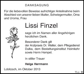 Traueranzeige von Lissi Finzel von WVG - Wochenspiegel NMB / WSF / ZTZ