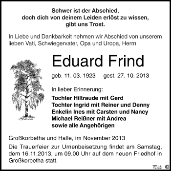 Traueranzeige von Eduard Frind von WVG - Wochenspiegel NMB / WSF / ZTZ