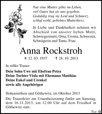Traueranzeige von Anna Rockstroh von WVG - Wochenspiegel NMB / WSF / ZTZ