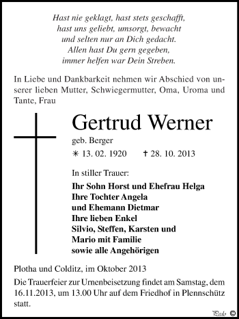 Traueranzeige von Gertrud Werner von WVG - Wochenspiegel NMB / WSF / ZTZ