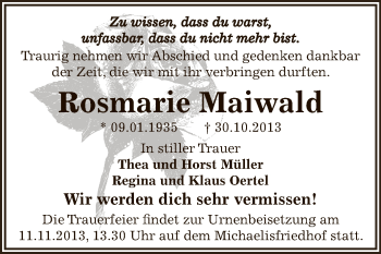 Traueranzeige von Rosmarie Maiwald von Super Sonntag Zeitz