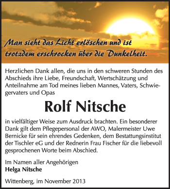 Traueranzeige von Rolf Nitsche von WVG - Wochenspiegel Wittenberg