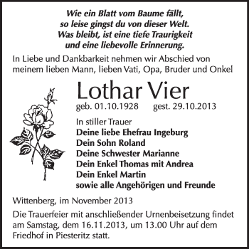Traueranzeige von Lothar Vier von WVG - Wochenspiegel Wittenberg