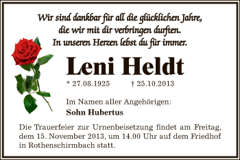 Traueranzeige von Leni Heldt von Wochenspiegel Mansfelder Land