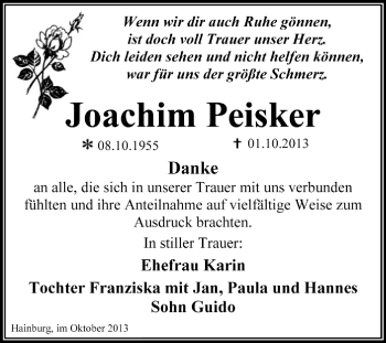 Traueranzeige von Joachim Peisker von Super Sonntag Dessau / Köthen