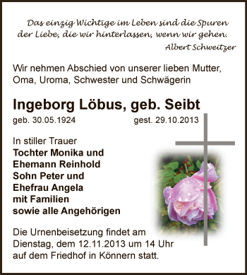 Traueranzeige von Ingeborg Löbus von Super Sonntag Bernburg