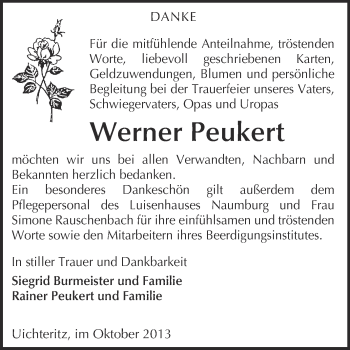Traueranzeige von Werner Peukert von WVG - Wochenspiegel NMB / WSF / ZTZ