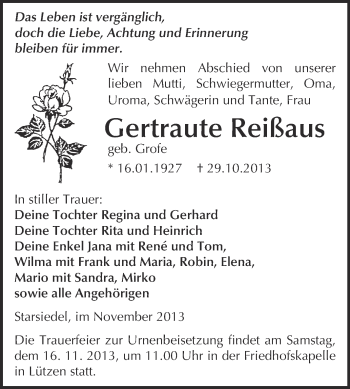Traueranzeige von Gertraute Reißaus von WVG - Wochenspiegel Merseburg