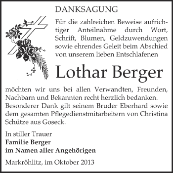 Traueranzeige von Lothar Berger von WVG - Wochenspiegel NMB / WSF / ZTZ