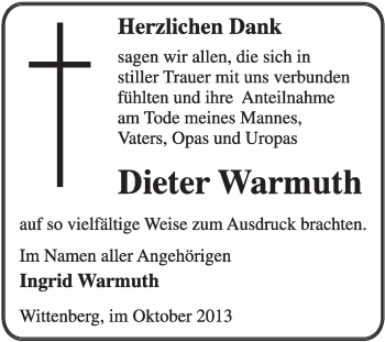 Traueranzeige von Dieter Warmuth von WVG - Wochenspiegel Wittenberg