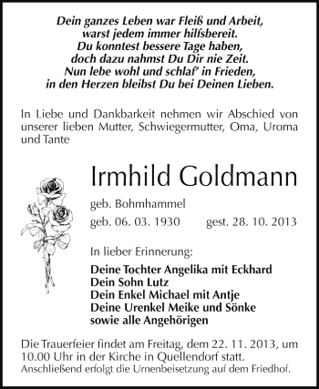 Traueranzeige von Irmhild Goldmann von Super Sonntag Dessau / Köthen