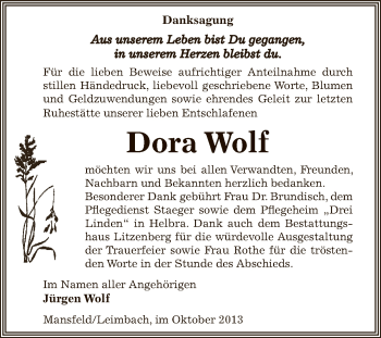 Traueranzeige von Dora Wolf von Wochenspiegel Mansfelder Land