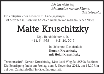 Traueranzeige von Malte Kruschitzky von Super Sonntag Quedlinburg