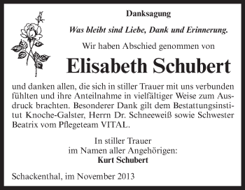 Traueranzeige von Elisabeth Schubert von Super Sonntag Aschersleben