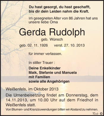 Traueranzeige von Gerda Rudolph von WVG - Wochenspiegel NMB / WSF / ZTZ
