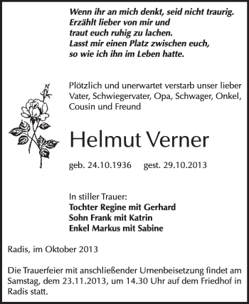 Traueranzeige von Helmut Verner von Super Sonntag Wittenberg