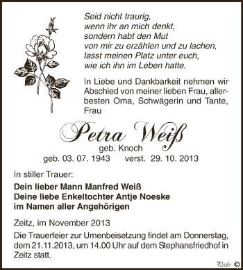 Traueranzeige von Petra Weiß von Super Sonntag Zeitz