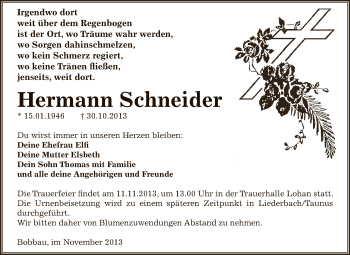 Traueranzeige von Hermann Schneider von WVG - Wochenspiegel Bitterfeld
