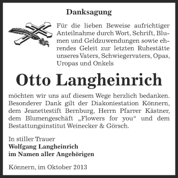 Traueranzeige von Otto Langheinrich von Super Sonntag Bernburg