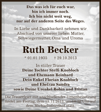 Traueranzeige von Ruth Becker von Super Sonntag Zeitz