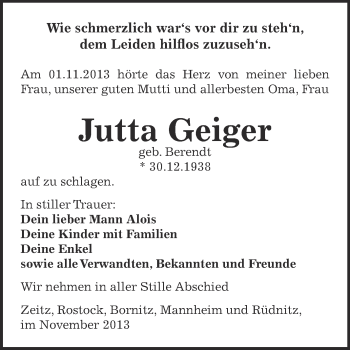 Traueranzeige von Jutta Geiger von Super Sonntag Zeitz