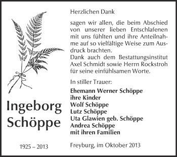 Traueranzeige von Ingeborg Schöppe von WVG - Wochenspiegel NMB / WSF / ZTZ