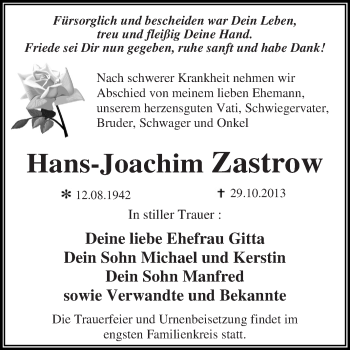 Traueranzeige von Hans-Joachim Zastrow von WVG - Wochenspiegel Dessau / Köthen