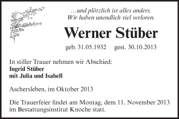 Traueranzeige von Werner Stüber von WVG - Wochenspiegel Aschersleben