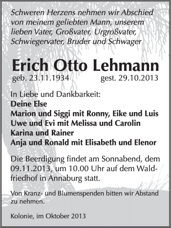 Traueranzeige von Erich Otto Lehmann von Super Sonntag Wittenberg