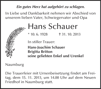 Traueranzeige von Hans Schauer von WVG - Wochenspiegel NMB / WSF / ZTZ