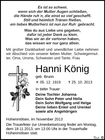 Traueranzeige von Hanni König von WVG - Wochenspiegel NMB / WSF / ZTZ