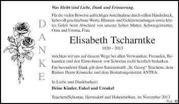 Traueranzeige von Elisabeth Tscharntke von WVG - Wochenspiegel NMB / WSF / ZTZ