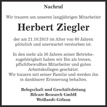 Traueranzeige von Herbert Ziegler von WVG - Wochenspiegel Dessau / Köthen