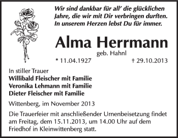 Traueranzeige von Alma Herrmann von WVG - Wochenspiegel Wittenberg