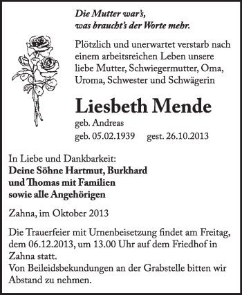 Traueranzeige von Liesbeth Mende von Super Sonntag Wittenberg
