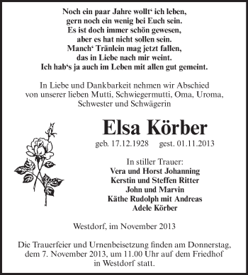 Traueranzeige von Elsa Körber von Super Sonntag Aschersleben