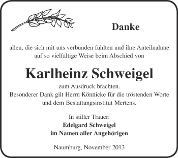 Traueranzeige von Karlheinz Schweigel von WVG - Wochenspiegel NMB / WSF / ZTZ