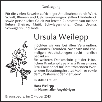 Traueranzeige von Ursula Weilepp von WVG - Wochenspiegel Merseburg
