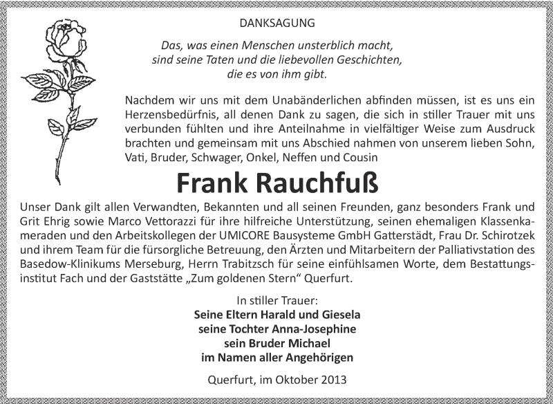  Traueranzeige für Frank Rauchfuß vom 06.11.2013 aus WVG - Wochenspiegel Merseburg