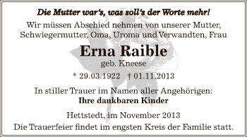 Traueranzeige von Erna Raible von Wochenspiegel Mansfelder Land