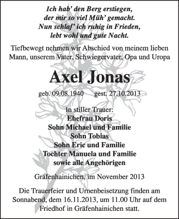 Traueranzeige von Axel Jonas von WVG - Wochenspiegel Wittenberg