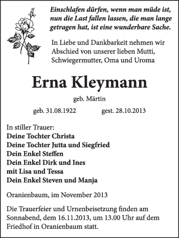 Traueranzeige von Erna Kleymann von WVG - Wochenspiegel Wittenberg