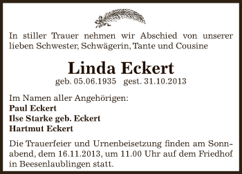 Traueranzeige von Linda Eckert von Super Sonntag Bernburg