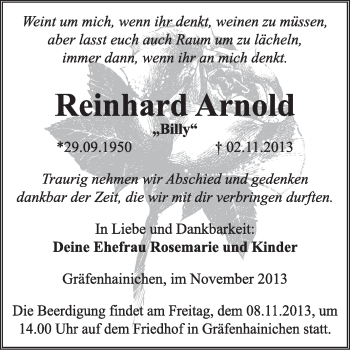 Traueranzeige von Reinhard Arnold von WVG - Wochenspiegel Wittenberg