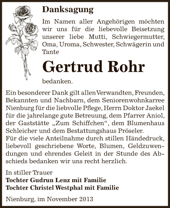 Traueranzeige von Gertrud Rohr von Super Sonntag Bernburg